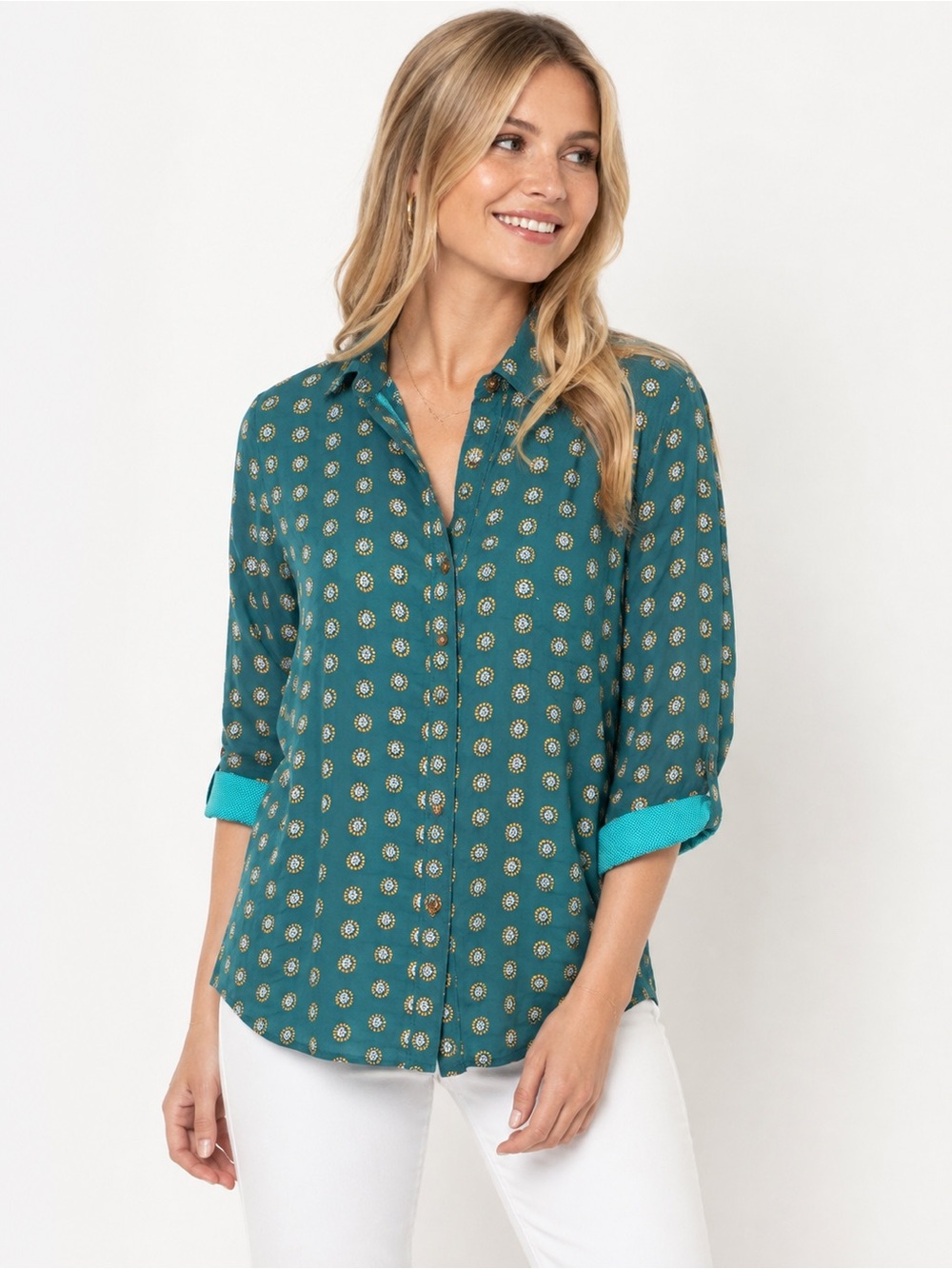 Anthropologie Maeve Teal Printed Button-Front Large Tunic Blouse Boho Preppy